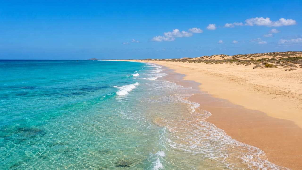 Praia de areia branca e mar turquesa na Ilha do Sal