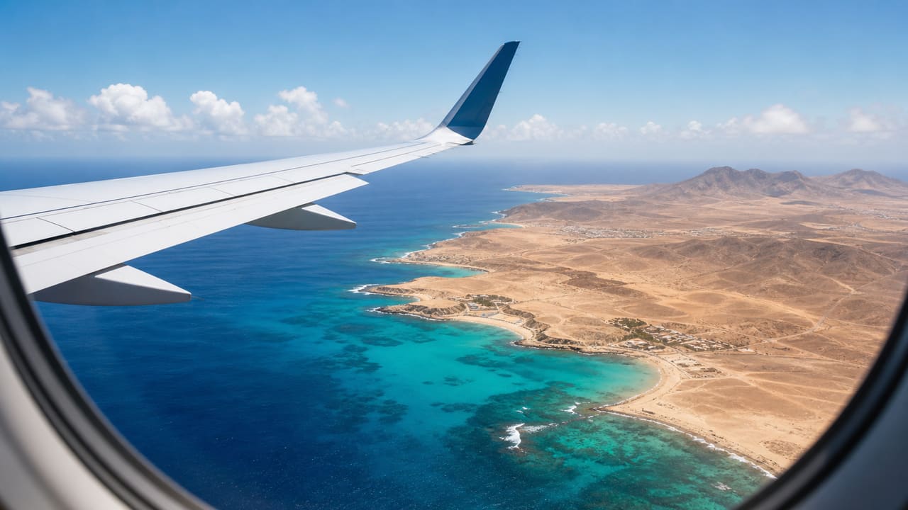 Janela de avião sobre o oceano a caminho de Cabo Verde